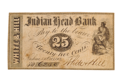 1862 Indian Head Bank 25 Cent Obsolete Banknote - Choose by Grade - Nashua New Hampshire White & Hall Fractional Merchant Scrip Note
