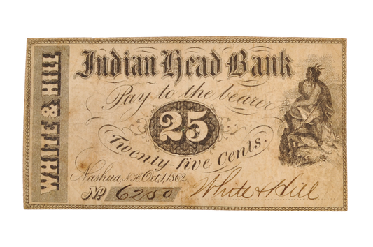 1862 Indian Head Bank 25 Cent Obsolete Banknote - Choose by Grade - Nashua New Hampshire White & Hall Fractional Merchant Scrip Note