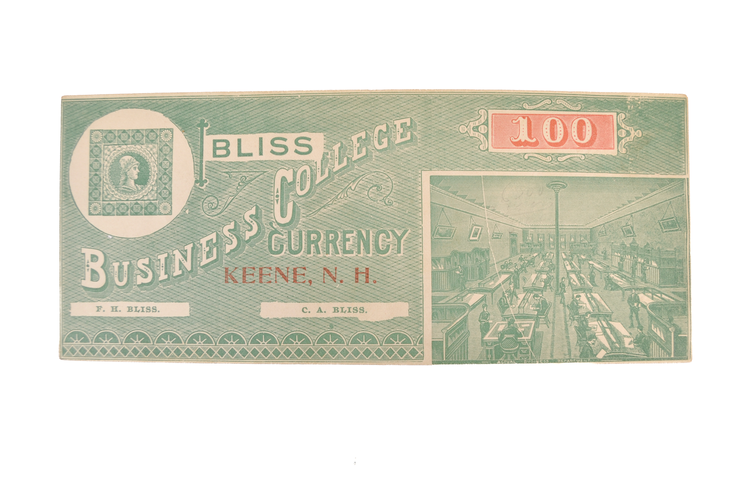 1890s Bliss Business College Currency 100 Dollar Note - Keene, NH - Almost Uncirculated (AU) - Bliss College One Hundred Dollars Trade Note