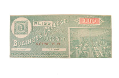 1890s Bliss Business College Currency 100 Dollar Note - Keene, NH - Almost Uncirculated (AU) - Bliss College One Hundred Dollars Trade Note