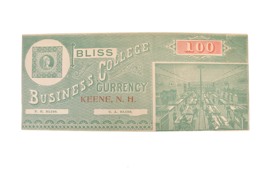 1890s Bliss Business College Currency 100 Dollar Note - Keene, NH - Almost Uncirculated (AU) - Bliss College One Hundred Dollars Trade Note
