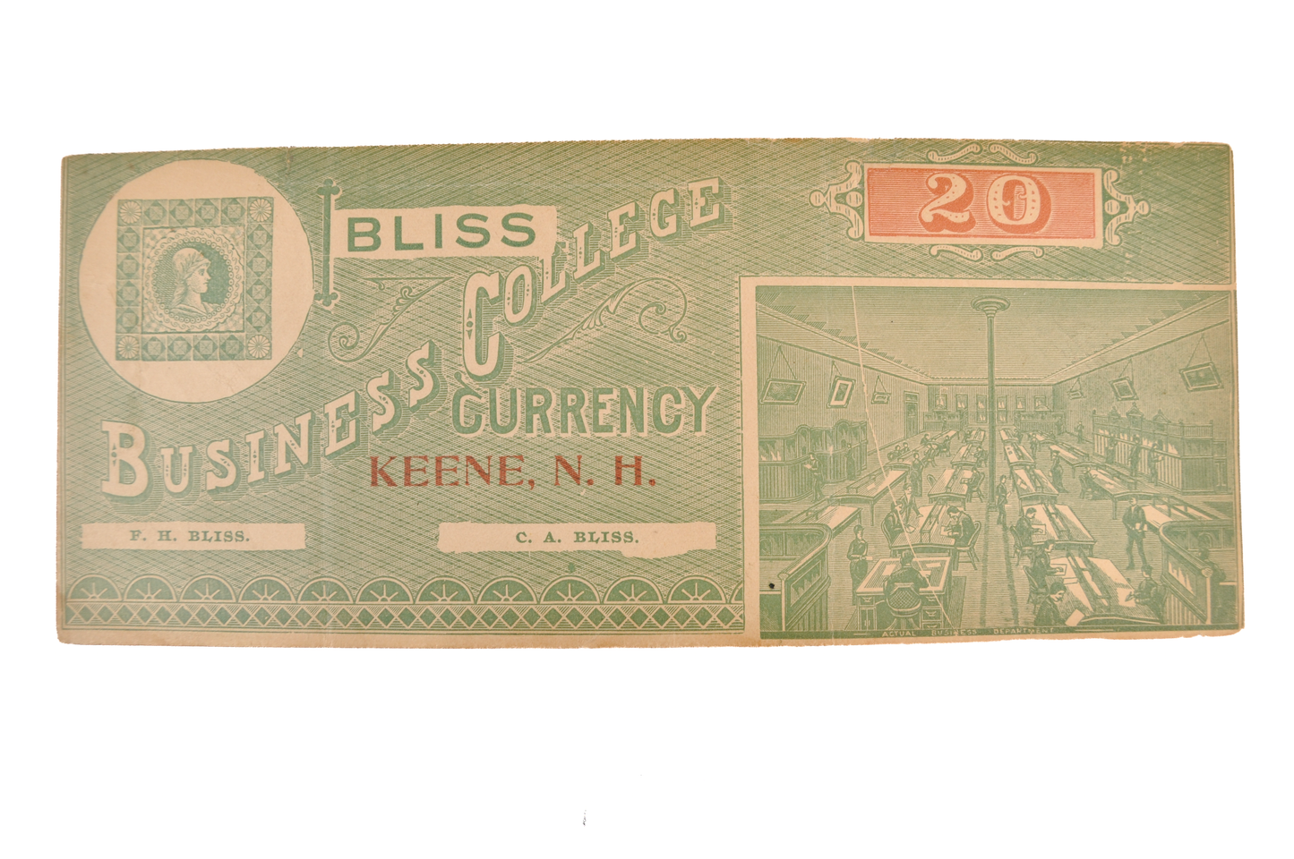 1890s Bliss Business College Currency 20 Dollar Note - Keene, NH - Extremely Fine (XF) - Bliss Business College Twenty Dollars Trade Note