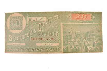 1890s Bliss Business College Currency 20 Dollar Note - Keene, NH - Extremely Fine (XF) - Bliss Business College Twenty Dollars Trade Note