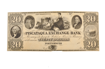 Billete de papel de 3 dólares del Banco Piscataqua Exchange de 1852, Portsmouth NH - Sin circular - Billete de tres dólares Portsmouth New Hampshire 1852