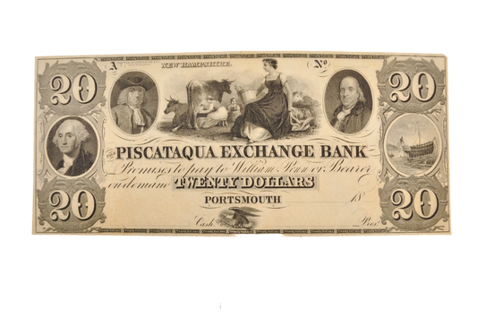 1840s Piscataqua Exchange Bank 20 Dollar Note - Portsmouth, NH - Uncirculated Remainder - 1800s Undated New Hampshire Twenty Dollar Obsolete