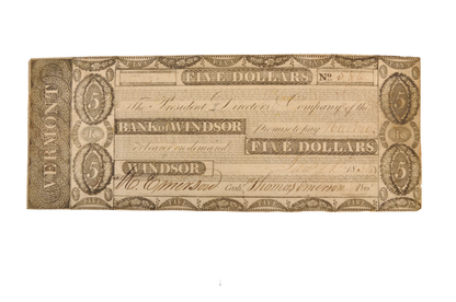 1833-34 Bank of Windsor 5 Dollar Vermont Obsolete Note - Extremely Fine (XF) - 1833/1834 Windsor Vermont Five Dollars Obsolete Banknote