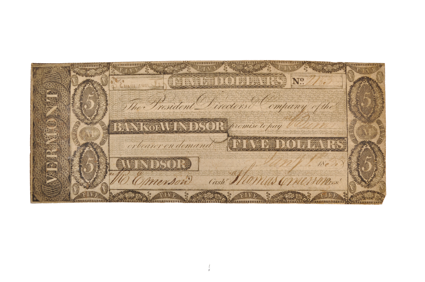1833-34 Bank of Windsor 5 Dollar Vermont Obsolete Note - Extremely Fine (XF) - 1833/1834 Windsor Vermont Five Dollars Obsolete Banknote