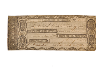 1833-34 Bank of Windsor 5 Dollar Vermont Obsolete Note - Extremely Fine (XF) - 1833/1834 Windsor Vermont Five Dollars Obsolete Banknote