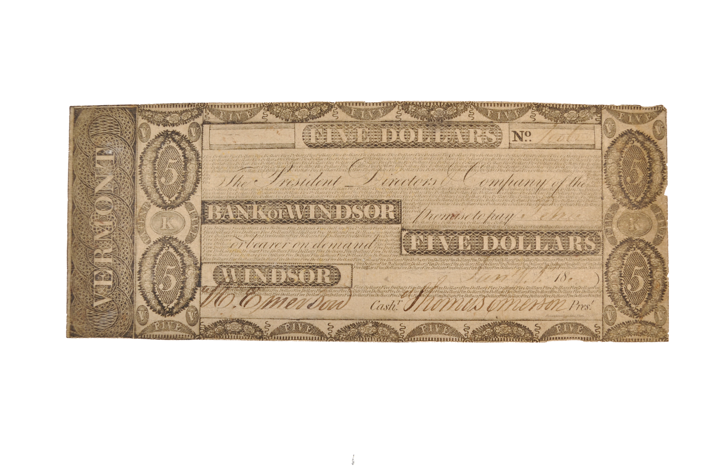 1833-34 Bank of Windsor 5 Dollar Vermont Obsolete Note - Extremely Fine (XF) - 1833/1834 Windsor Vermont Five Dollars Obsolete Banknote