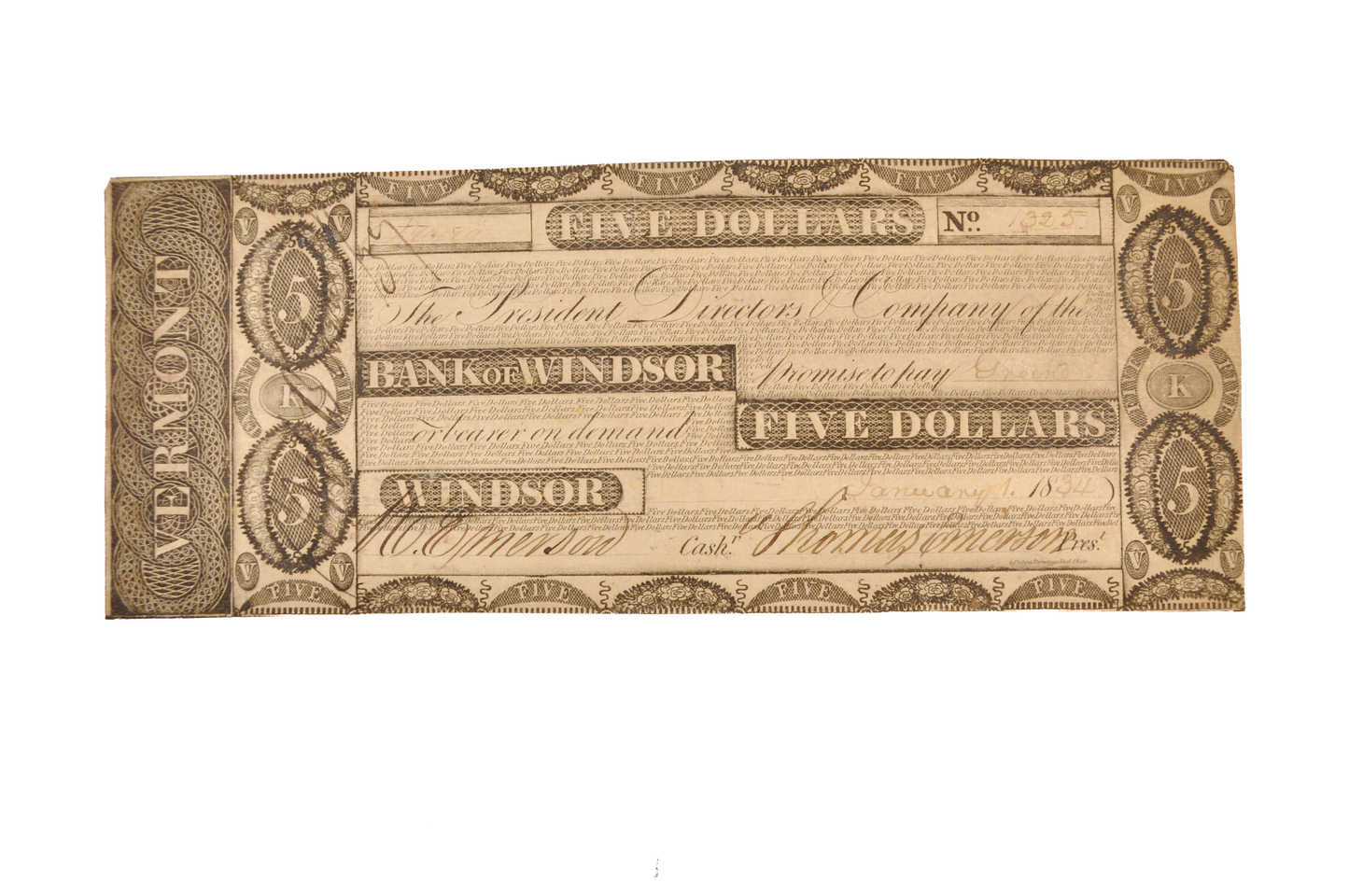 1833-34 Bank of Windsor 5 Dollar Vermont Obsolete Note - Extremely Fine (XF) - 1833/1834 Windsor Vermont Five Dollars Obsolete Banknote