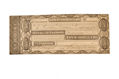 1833-34 Bank of Windsor 5 Dollar Vermont Obsolete Note - Extremely Fine (XF) - 1833/1834 Windsor Vermont Five Dollars Obsolete Banknote