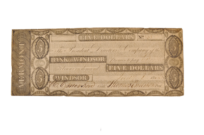 1833-34 Bank of Windsor 5 Dollar Vermont Obsolete Note - Extremely Fine (XF) - 1833/1834 Windsor Vermont Five Dollars Obsolete Banknote
