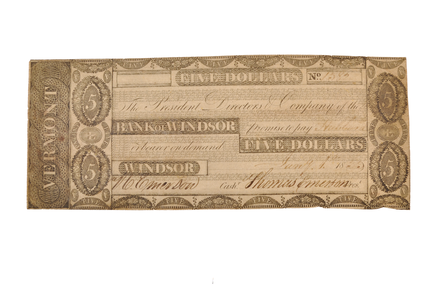 1833-34 Bank of Windsor 5 Dollar Vermont Obsolete Note - Extremely Fine (XF) - 1833/1834 Windsor Vermont Five Dollars Obsolete Banknote