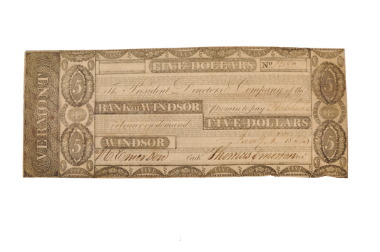 1833-34 Bank of Windsor 5 Dollar Vermont Obsolete Note - Extremely Fine (XF) - 1833/1834 Windsor Vermont Five Dollars Obsolete Banknote
