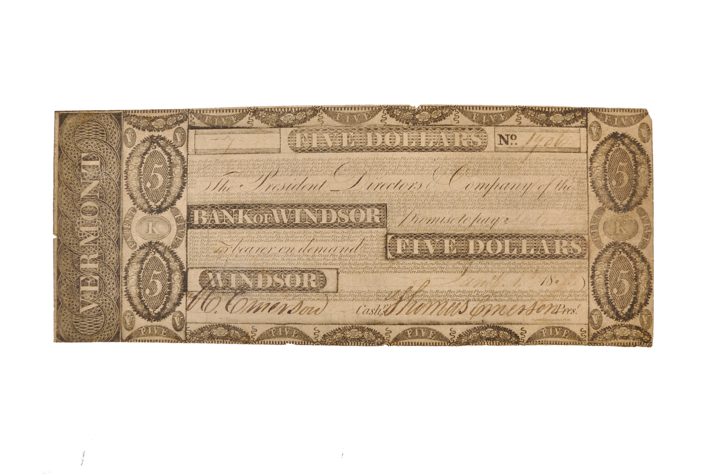 1833-34 Bank of Windsor 5 Dollar Vermont Obsolete Note - Extremely Fine (XF) - 1833/1834 Windsor Vermont Five Dollars Obsolete Banknote