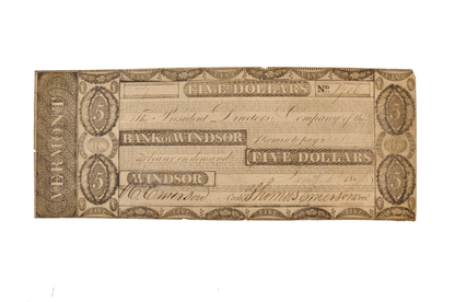 1833-34 Bank of Windsor 5 Dollar Vermont Obsolete Note - Extremely Fine (XF) - 1833/1834 Windsor Vermont Five Dollars Obsolete Banknote