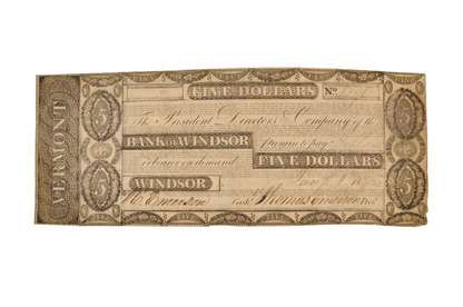 1833-34 Bank of Windsor 5 Dollar Vermont Obsolete Note - Extremely Fine (XF) - 1833/1834 Windsor Vermont Five Dollars Obsolete Banknote