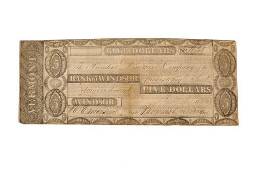 1833 Bank of Windsor 5 Dollar Vermont Obsolete Note - Fine (F) Grade - 1833 Windsor Vermont Five Dollars Obsolete Banknote