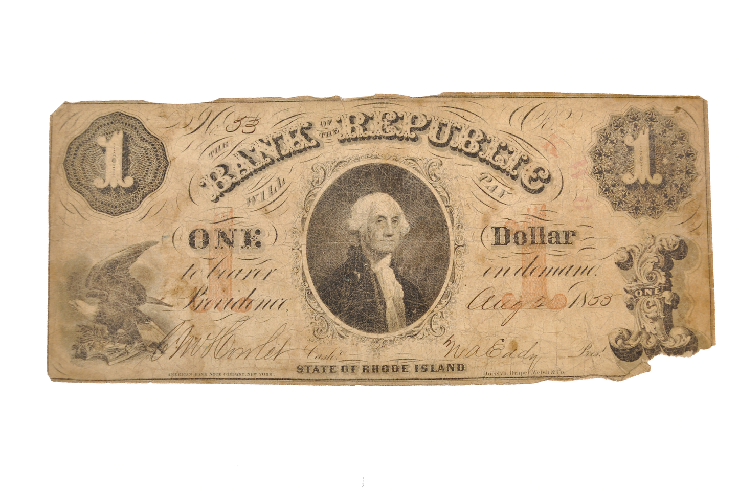 1855 Bank of the Republic 1 Dollar Rhode Island Obsolete Note - Very Good (VG) - 1855 RI Republic Bank One Dollar Obsolete Note