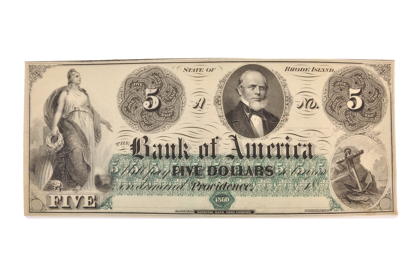 1860s Bank of America 5 Dollar Rhode Island Obsolete Note - Uncirculated Remainder - 1800s RI Bank of America Five Dollars Obsolete Note