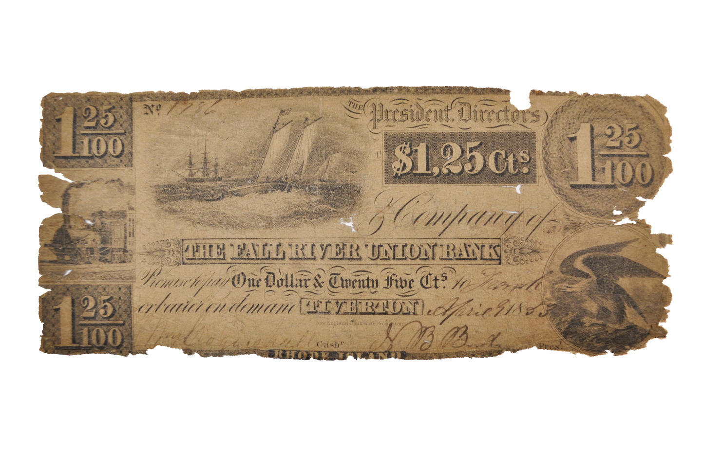 RARE 1853 Fall River Union Bank 1.25 Dollar Rhode Island Obsolete Note - Very Good (VG) - 1853 RI Tiverton Fall River $1.25 Obsolete Note