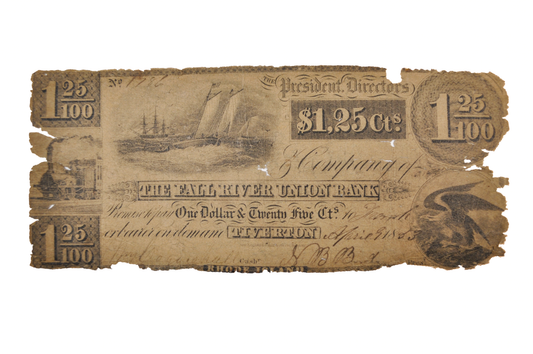 RARE 1853 Fall River Union Bank 1.25 Dollar Rhode Island Obsolete Note - Very Good (VG) - 1853 RI Tiverton Fall River $1.25 Obsolete Note