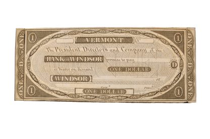 1830s Bank of Windsor 1 Dollar Vermont Obsolete Note - Uncirculated Remainder - 1830s Windsor Vermont One Dollar Obsolete Banknote