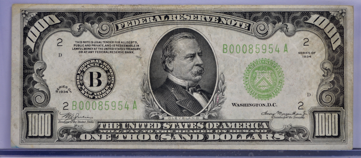 1934 1000 Dollar Federal Reserve Note - New York (B) - Choice VF, Pinholes - Rare 1934 One Thousand Dollar Note - Fr.2211-B