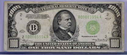 1934 1000 Dollar Federal Reserve Note - New York (B) - Choice VF, Pinholes - Rare 1934 One Thousand Dollar Note - Fr.2211-B