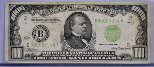 1934 1000 Dollar Federal Reserve Note - New York (B) - Choice VF, Pinholes - Rare 1934 One Thousand Dollar Note - Fr.2211-B