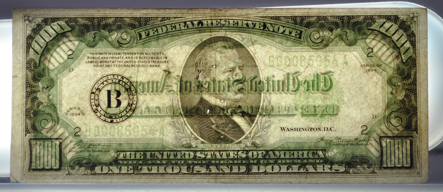 1934 1000 Dollar Federal Reserve Note - New York (B) - Choice VF, Pinholes - Rare 1934 One Thousand Dollar Note - Fr.2211-B