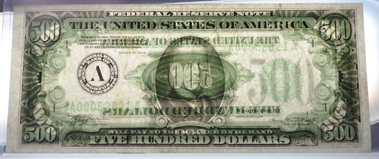 1934 500 Dollar Federal Reserve Note - Dark Green Seal (DGS) - Boston (A) - Only 56,628 Printed! - 1934 Five Hundred Dollar Note - Fr#2201-A