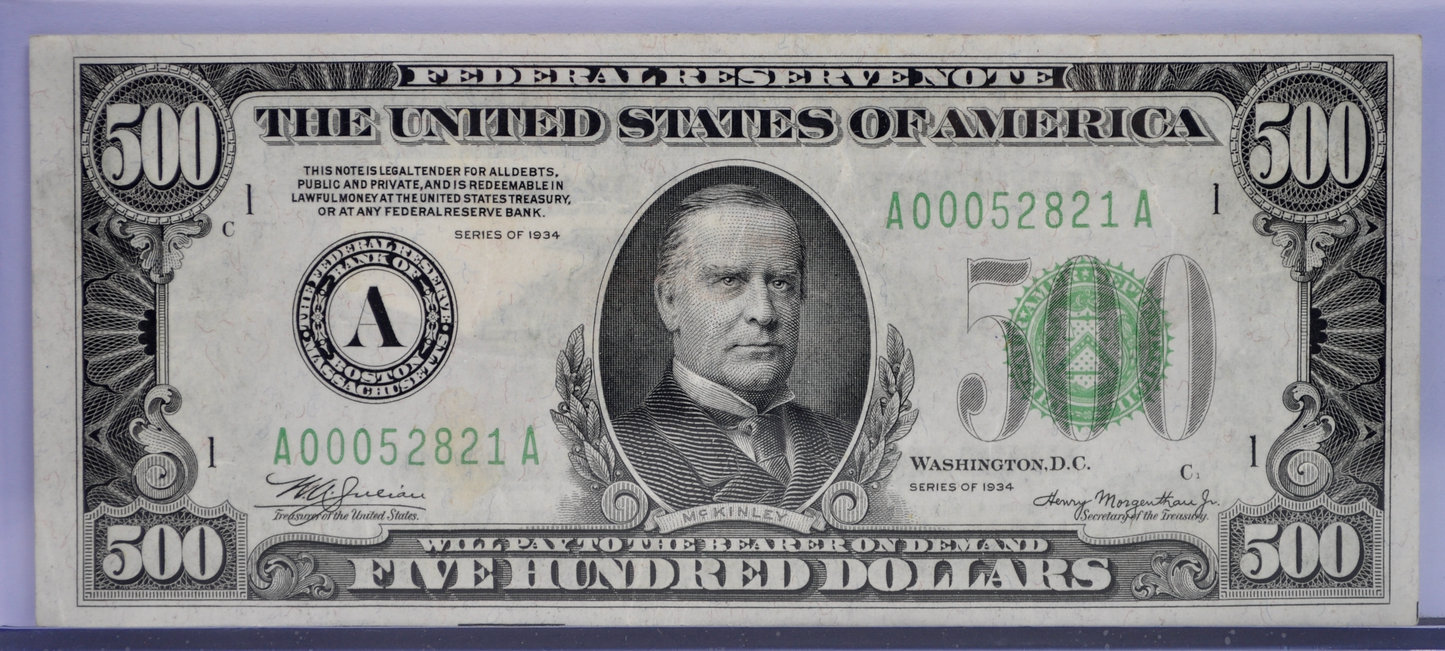 1934 500 Dollar Federal Reserve Note - Dark Green Seal (DGS) - Boston (A) - Only 56,628 Printed! - 1934 Five Hundred Dollar Note - Fr#2201-A