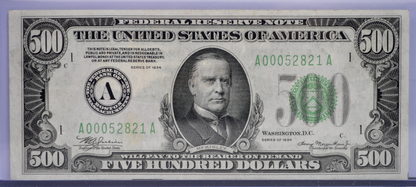 1934 500 Dollar Federal Reserve Note - Dark Green Seal (DGS) - Boston (A) - Only 56,628 Printed! - 1934 Five Hundred Dollar Note - Fr#2201-A