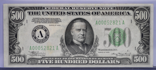 1934 500 Dollar Federal Reserve Note - Dark Green Seal (DGS) - Boston (A) - Only 56,628 Printed! - 1934 Five Hundred Dollar Note - Fr#2201-A