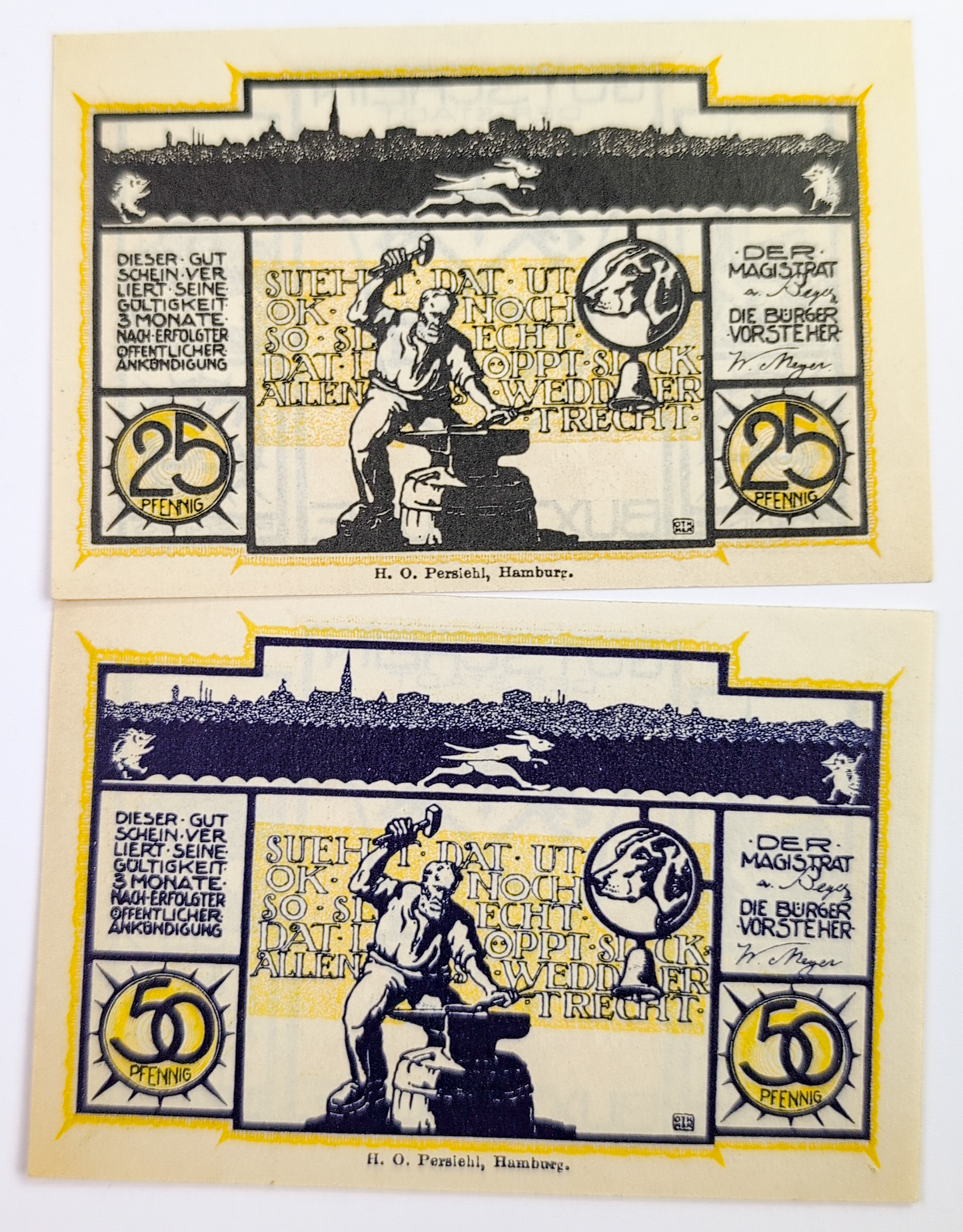 Set of 2 1921 Buxtehude Germany 25 & 50 Pfennig Notgeld - Blacksmith Series - 1921 German Twenty-Five and Fifty Pfennig Notes Pair