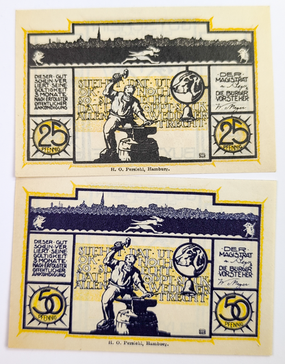 Set of 2 1921 Buxtehude Germany 25 & 50 Pfennig Notgeld - Blacksmith Series - 1921 German Twenty-Five and Fifty Pfennig Notes Pair