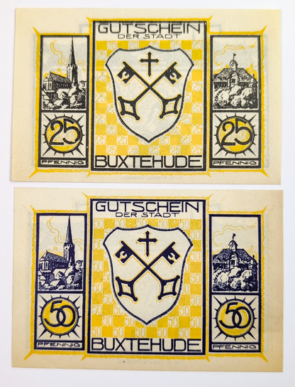 Set of 2 1921 Buxtehude Germany 25 & 50 Pfennig Notgeld - Blacksmith Series - 1921 German Twenty-Five and Fifty Pfennig Notes Pair