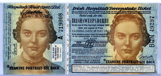 1962 Irish Sweeps Derby Hospital Lottery Ticket Stub and Counterfoil - Complete Ticket - 1962 Ireland Hospitals Trust Sweepstakes Ticket
