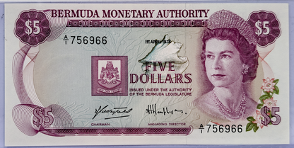 RARE 1978 Bermuda Monetary Authority 5 Dollar Note - A/1 Prefix, April 1st, 1978 - 1978 British Bermuda Five Dollar Note - P#29a