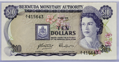 RARE 1978 Bermuda Monetary Authority 10 Dollar Note - A/1 Prefix, April 1st, 1978 - 1978 British Bermuda Ten Dollar Note - P#30a