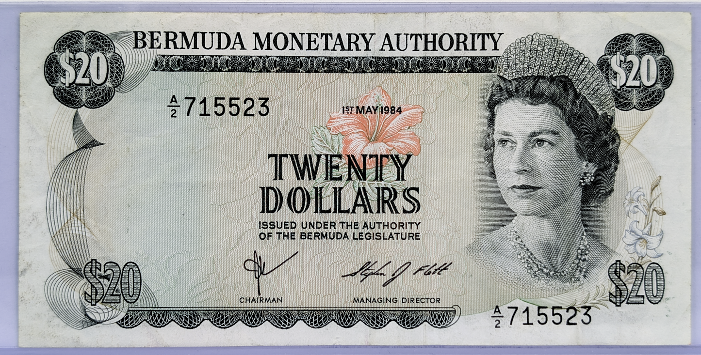 RARE 1984 Bermuda Monetary Authority 20 Dollar Note - A/2 Prefix, May 1st, 1984 - 1984 British Bermuda Twenty Dollar Note - P#31c