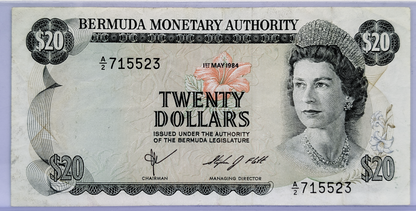 RARE 1984 Bermuda Monetary Authority 20 Dollar Note - A/2 Prefix, May 1st, 1984 - 1984 British Bermuda Twenty Dollar Note - P#31c