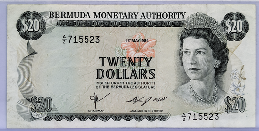 RARE 1984 Bermuda Monetary Authority 20 Dollar Note - A/2 Prefix, May 1st, 1984 - 1984 British Bermuda Twenty Dollar Note - P#31c