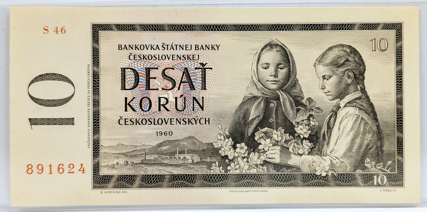 1960 Czechoslovakia 10 Korun Banknote - Series S - Flower Girls Type - Uncirculated (UNC) - 1960 Czechoslovakia Ten Korun Note - P#88d