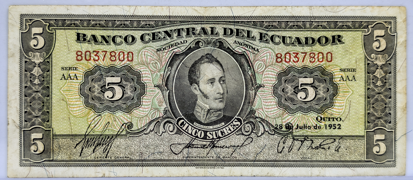 1952 Ecuador 5 Sucre Note - Reduced Size, Portrait Facing Right - Reverse Overprint - 1952 Ecuadorian Cinco Five Sucres Note - P#98a