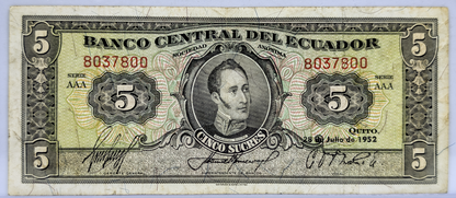 1952 Ecuador 5 Sucre Note - Reduced Size, Portrait Facing Right - Reverse Overprint - 1952 Ecuadorian Cinco Five Sucres Note - P#98a
