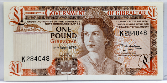 1979 Government of Gibraltar 1 Pound Note - Rarer Early Date - Uncirculated (UNC) - 1979 Gibraltar One Pound Banknote - P#20b