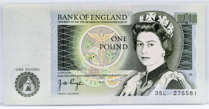 1978-80 Bank of England 1 Pound Note- J. B. Page Signature- Queen Elizabeth II Type- Newton Issue- 1978 One Pound English Banknote- P#377a