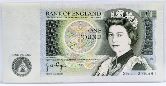 1978-80 Bank of England 1 Pound Note- J. B. Page Signature- Queen Elizabeth II Type- Newton Issue- 1978 One Pound English Banknote- P#377a